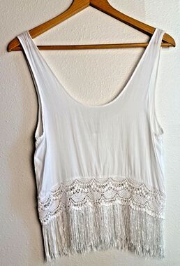 Forever 21 White Fringe Hem Lace Tank Top Boho Festival Women’s Medium